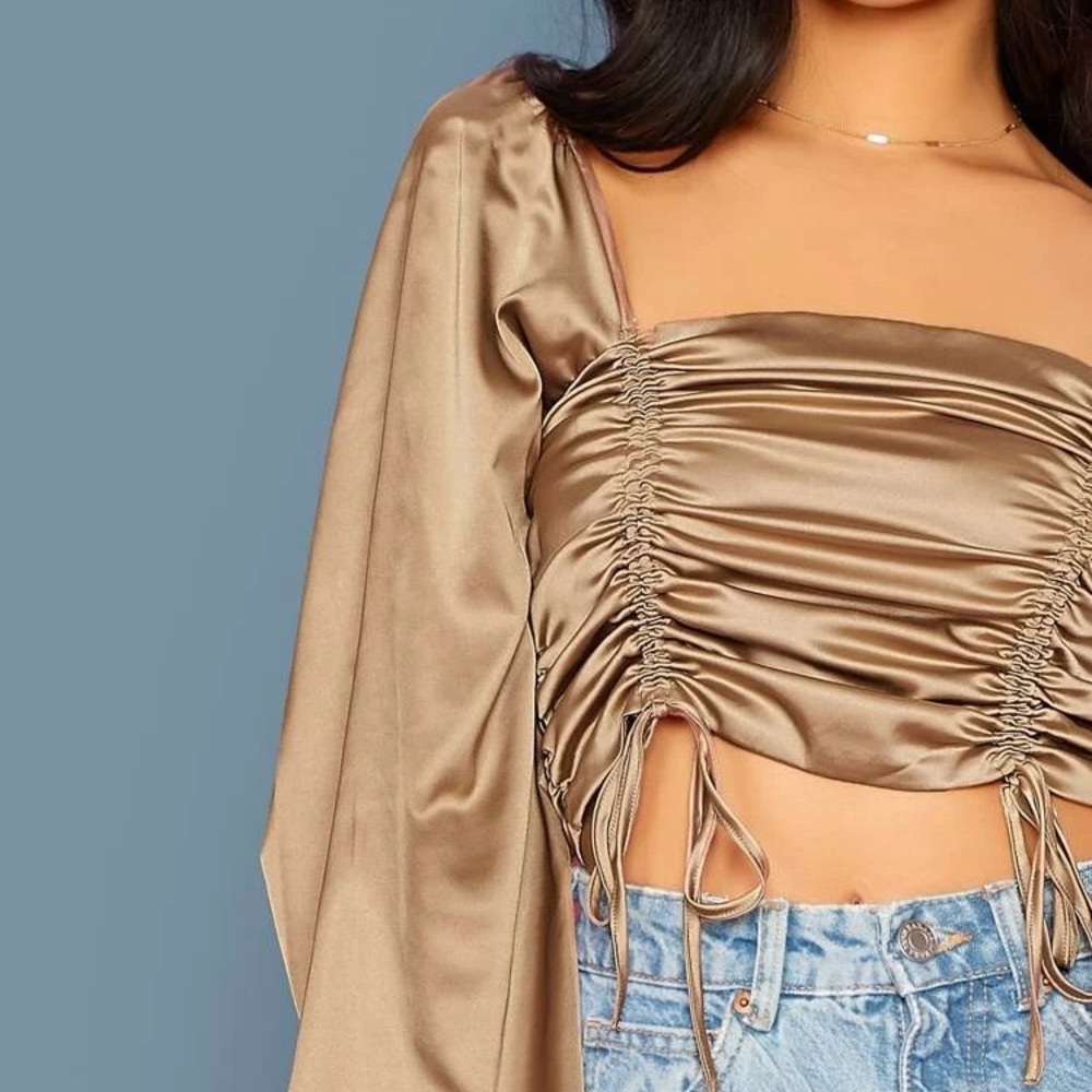 Drawstring Ruched Front Shirred Back Satin Top - Picture 4 of 9